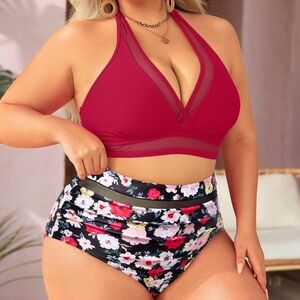 NWT Tempt Me Women Plus Size Bikini High Waisted Swimsuits Mesh Tummy Control